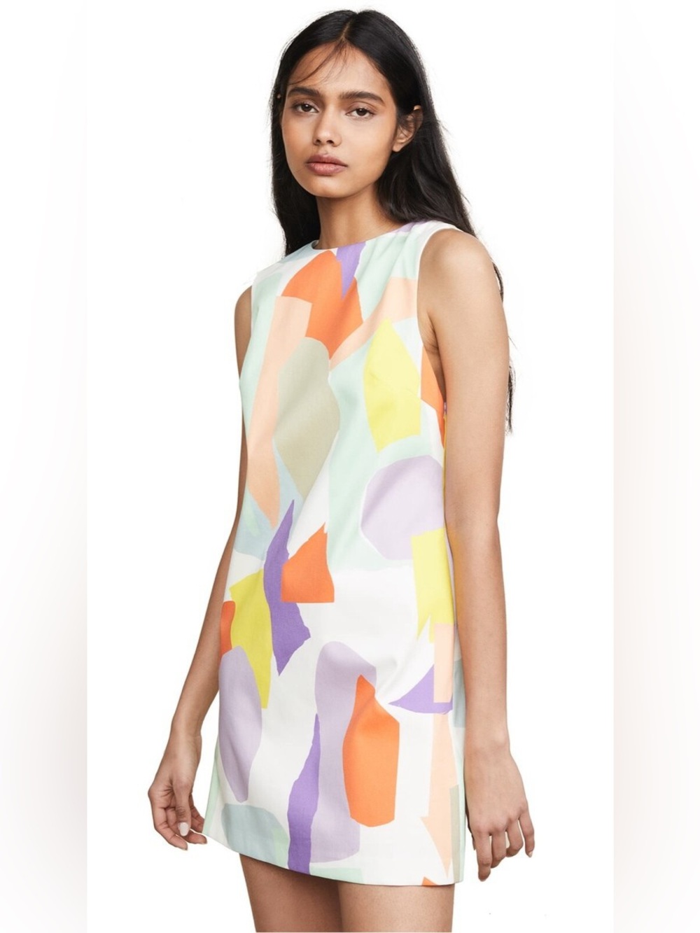 Alice + Olivia Clyde Printed Geo Collage A-Line Shift Dress in Cream/Multi